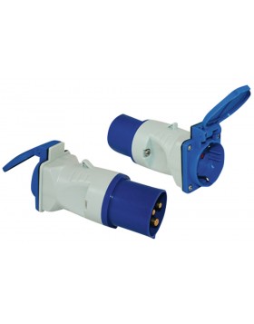 Αντάπτορας CEE 17 Stecker / Schukosteckdose mit Klappdeckel, blau/weiß